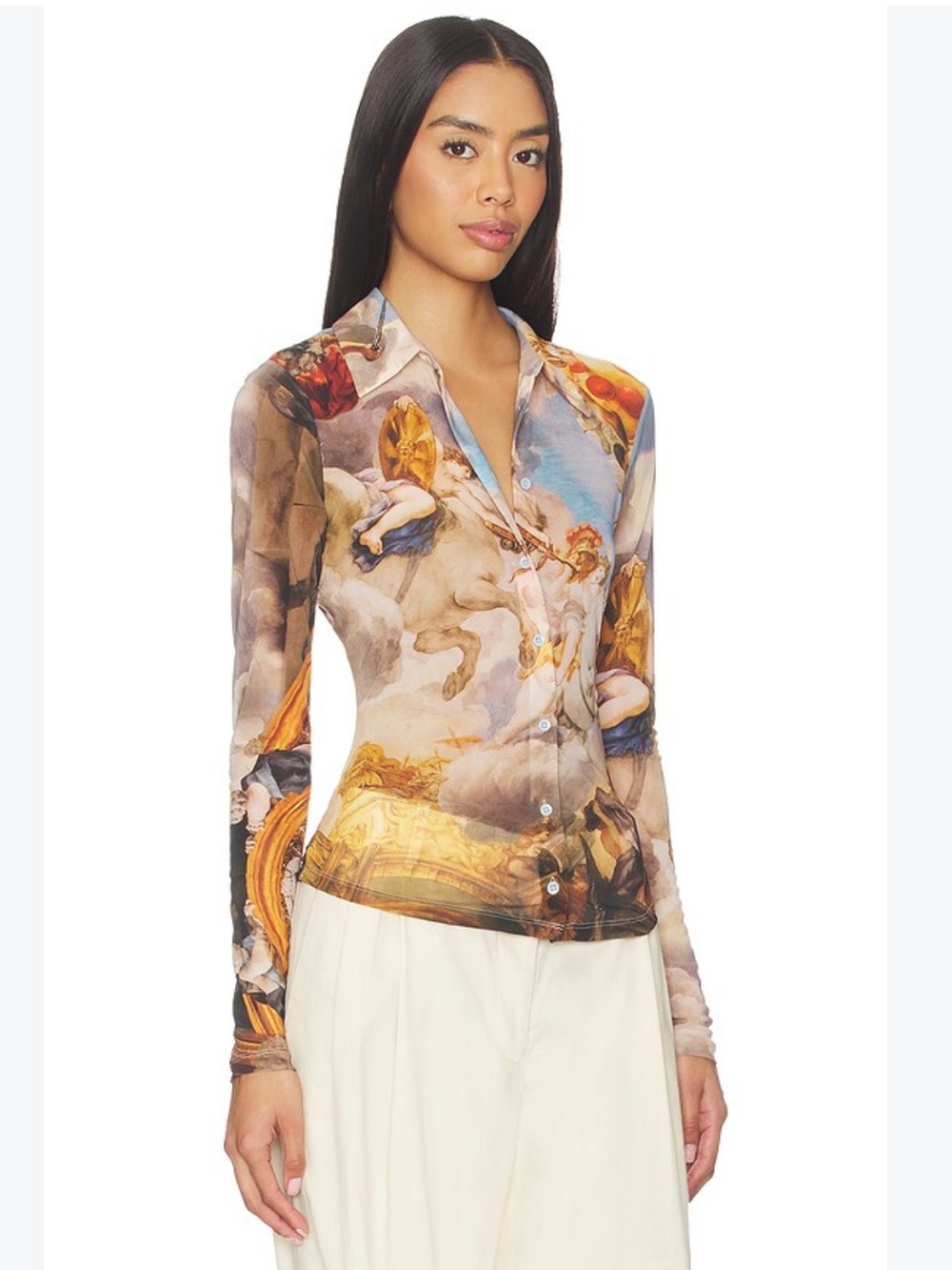 Alice + Olivia Renaissance Print Mesh Button-Down Top in Multi Gold and Blue
